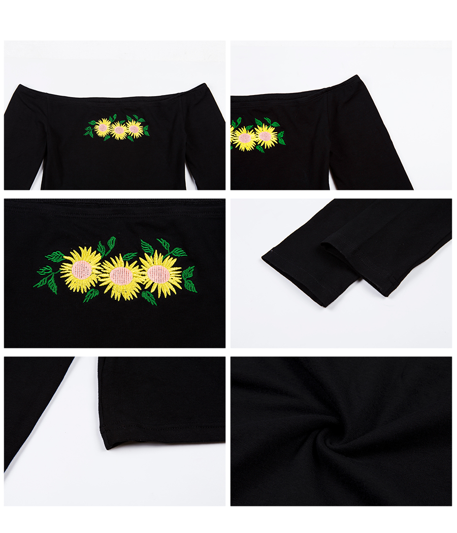 Sexy Off Shoulder Cropped Top chrysanthemum Long Sleeve T Shirt - Image 4