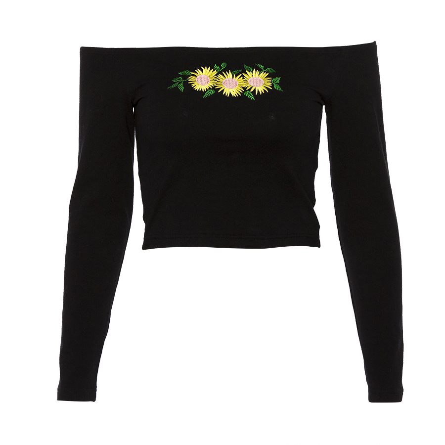 Sexy Off Shoulder Cropped Top chrysanthemum Long Sleeve T Shirt - Image 7