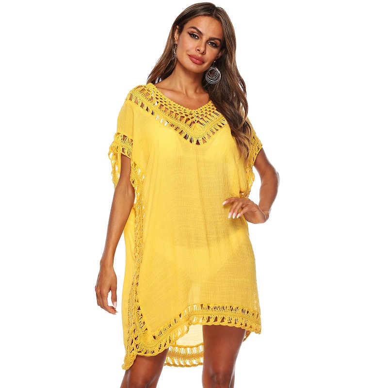 Solid V-Neck Hollow Beach Dress - TD Mercado