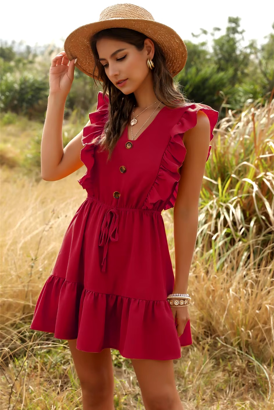 Solid V-neck Ruffled Lace Vintage Single-Breasted Mini Dress - Image 4