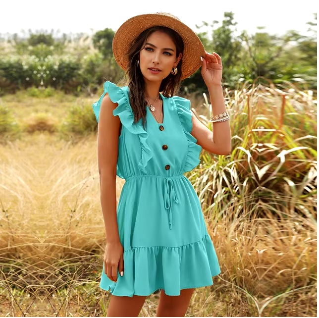 Solid V-neck Ruffled Lace Vintage Single-Breasted Mini Dress - Image 6