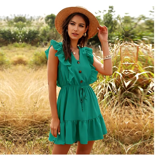 Solid V-neck Ruffled Lace Vintage Single-Breasted Mini Dress - Image 7