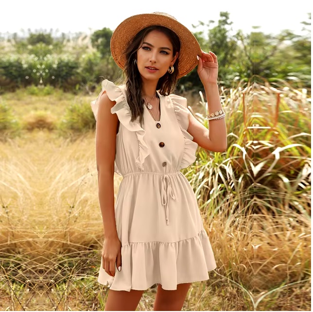 Solid V-neck Ruffled Lace Vintage Single-Breasted Mini Dress - Image 8