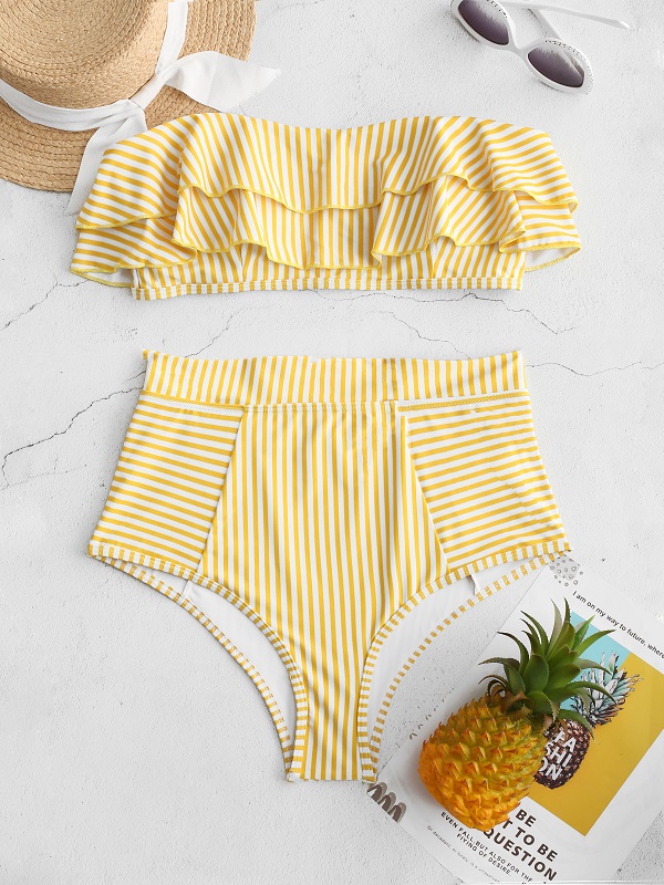 Striped Strapless Ruffled Trim High Leg Bikini