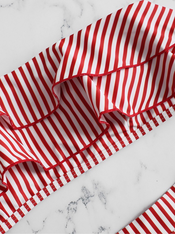 Striped Strapless Ruffled Trim High Leg Bikini - Image 10