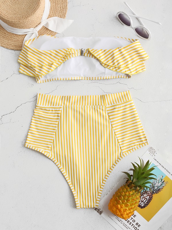 Striped Strapless Ruffled Trim High Leg Bikini - Image 2