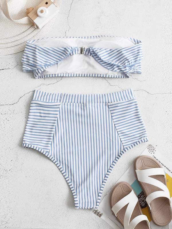 Striped Strapless Ruffled Trim High Leg Bikini - Image 6