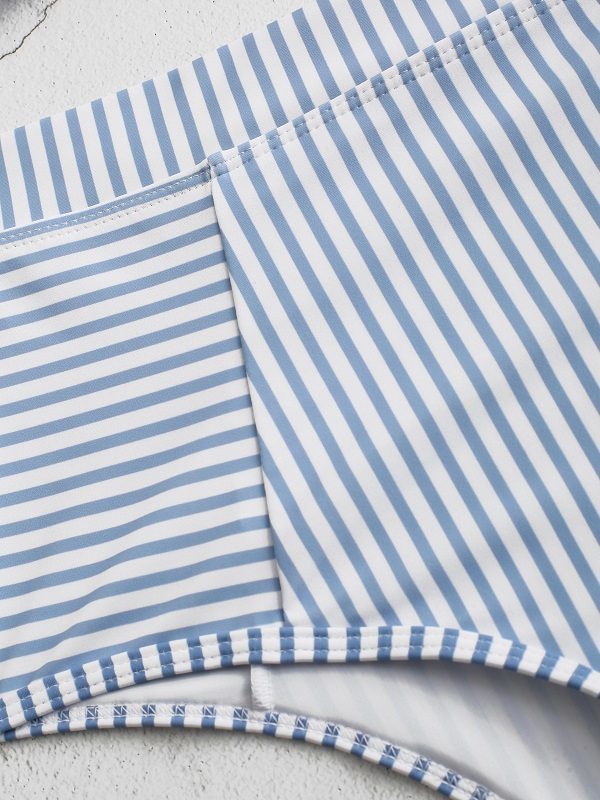 Striped Strapless Ruffled Trim High Leg Bikini - Image 8