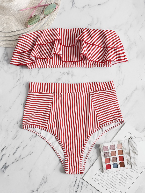 Striped Strapless Ruffled Trim High Leg Bikini - Image 9