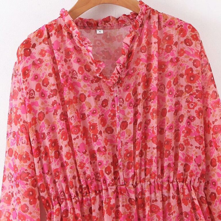 Stylish Floral Print Long Sleeve Long Dress - TD Mercado