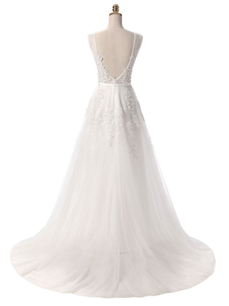 V Neck A Line Sleeveless Floor Length Lace Applique Party Prom Dresses - Image 4