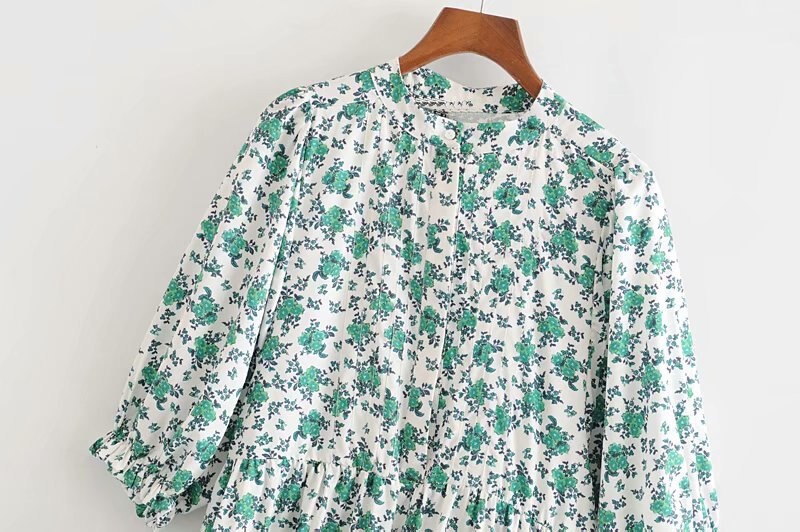 Vintage Short Sleeve Stand Collar Pleated Dress - TD Mercado