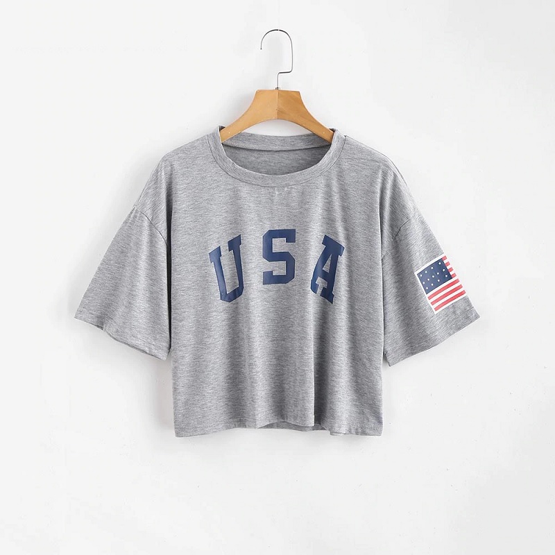 American Flag Print Casual Letter Short Tops