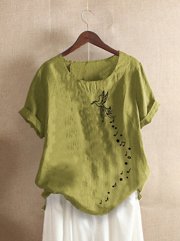 Bird Printed O-neck Short Sleeve Casual T-shirts - TD Mercado