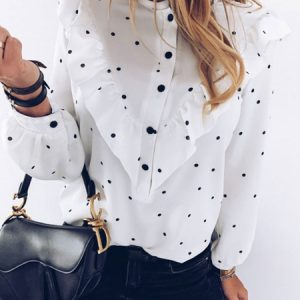 Blouse Polka Dot Buttons Ruffle Long Sleeves Tops