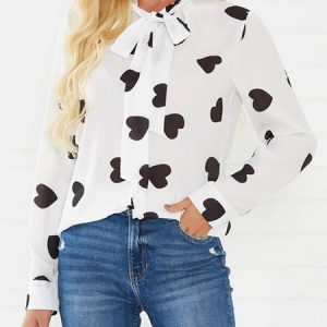 Blouse Polyester Stand Collar Layered Casual Geometric Lace Up Long Sleeves Tops