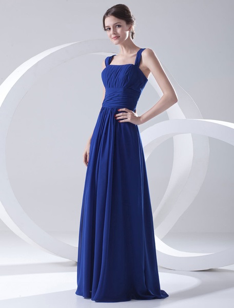 Bridesmaid Dress Floor-Length Straps Sheath Ruched Chiffon Dress - Image 3