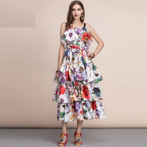 Fashion Runway Slash neck Tiered Floral Printed Draped Ruffles Long Dress