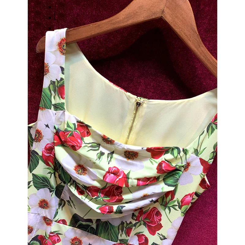 Elegant Square Collar Flower Print Runway Mini Dress - Image 3