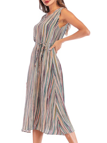 Jewel Neck Stripes Beach Dress - TD Mercado