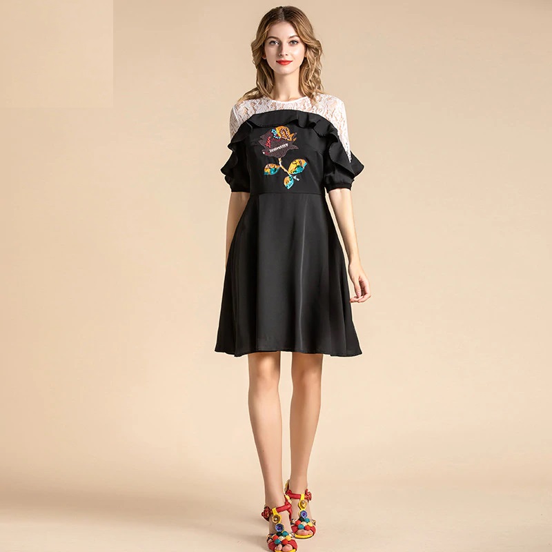 Vintage Lace Patchwork Sequin Flowers Ruffles Mini Dress - Image 5