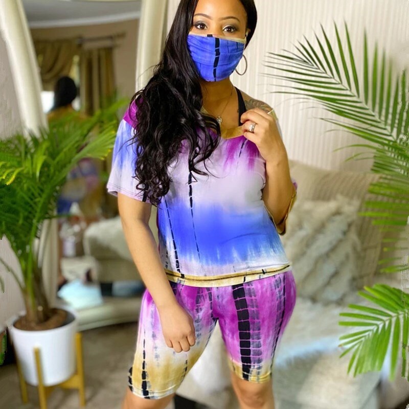 Printed Short Sleeve T-shirt Shorts Masks Suit Three Pieces Sporty Outfit - Image 4