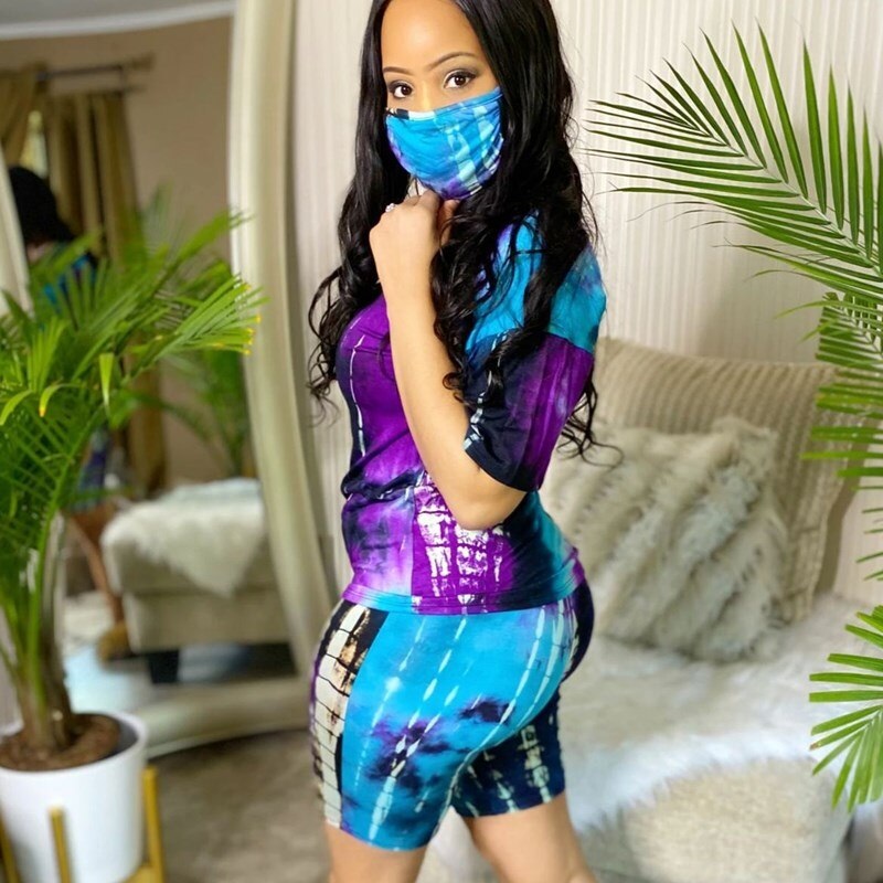 Printed Short Sleeve T-shirt Shorts Masks Suit Three Pieces Sporty Outfit - Image 5