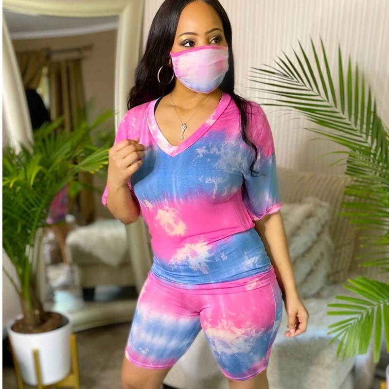 Printed Short Sleeve T-shirt Shorts Masks Suit Three Pieces Sporty Outfit - Image 6