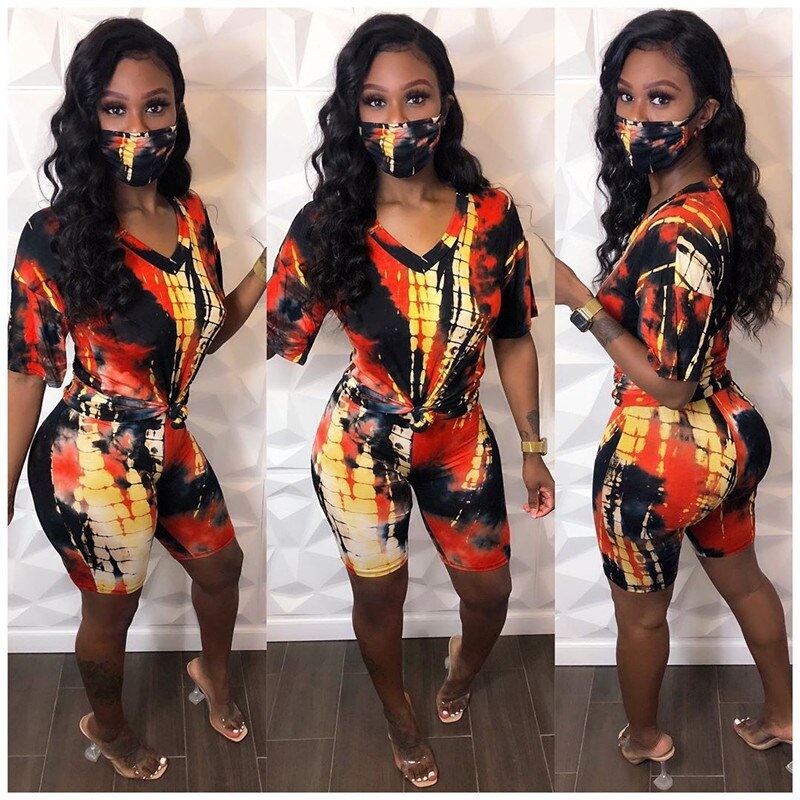 Printed Short Sleeve T-shirt Shorts Masks Suit Three Pieces Sporty Outfit - Image 8