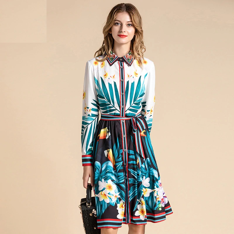 Runway Long Sleeve Birdie Floral Print Belted Beading Loose Shirt Dress