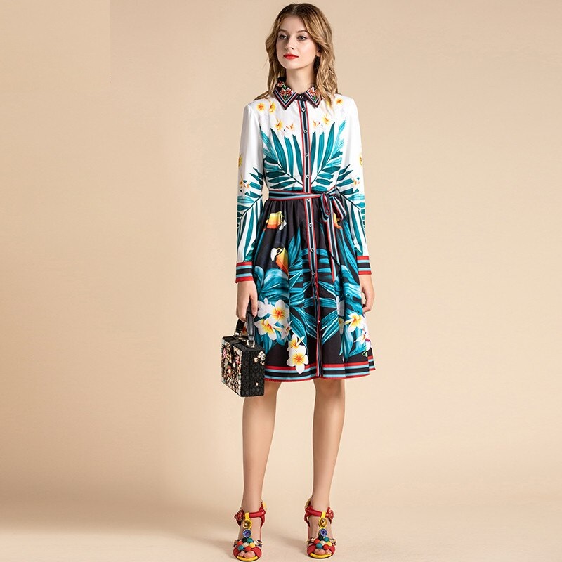 Runway Long Sleeve Birdie Floral Print Belted Beading Loose Shirt Dress - Image 6
