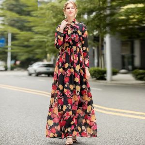Runway Long Sleeve Elegant Flower Print Bohemian Robe Maxi Dress