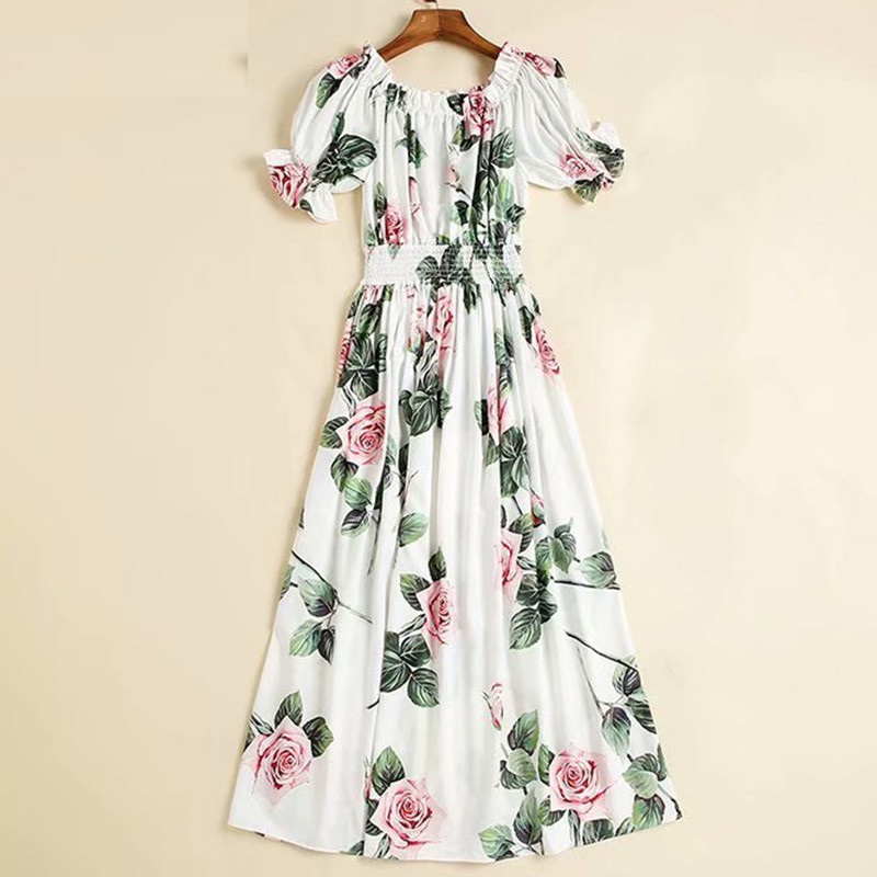 Sexy Off Shoulder Elastic Waist Rose Flower Print Bohemian Dress - Image 4