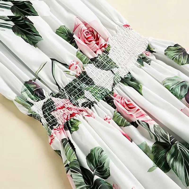 Sexy Off Shoulder Elastic Waist Rose Flower Print Bohemian Dress - Image 5