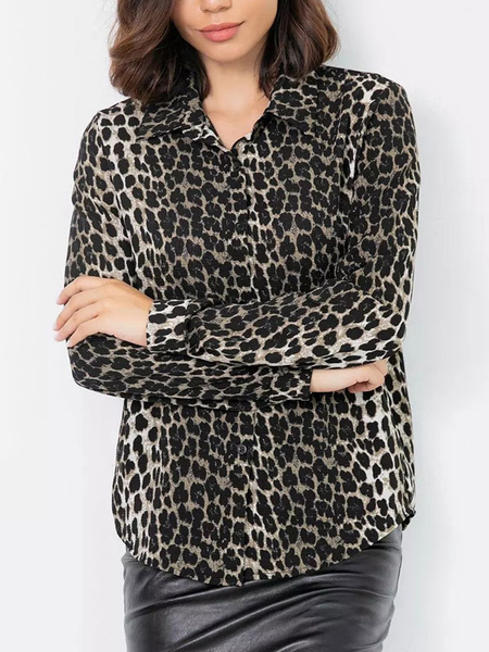 Shirt Leopard Buttons Turndown Collar Long Sleeves Chiffon Tops - Image 4