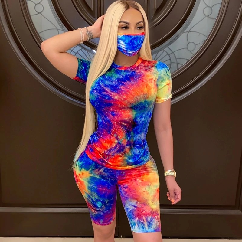 Short Sleeve Printed T-shirt Shorts Masks Suit Three Pieces Sporty Tracksuits - Image 4