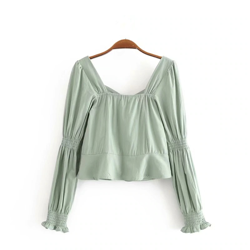 Square Collar Cotton Loose Crop Top Blouses - Image 2