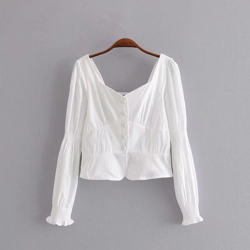 Square Collar Cotton Loose Crop Top Blouses - Image 6