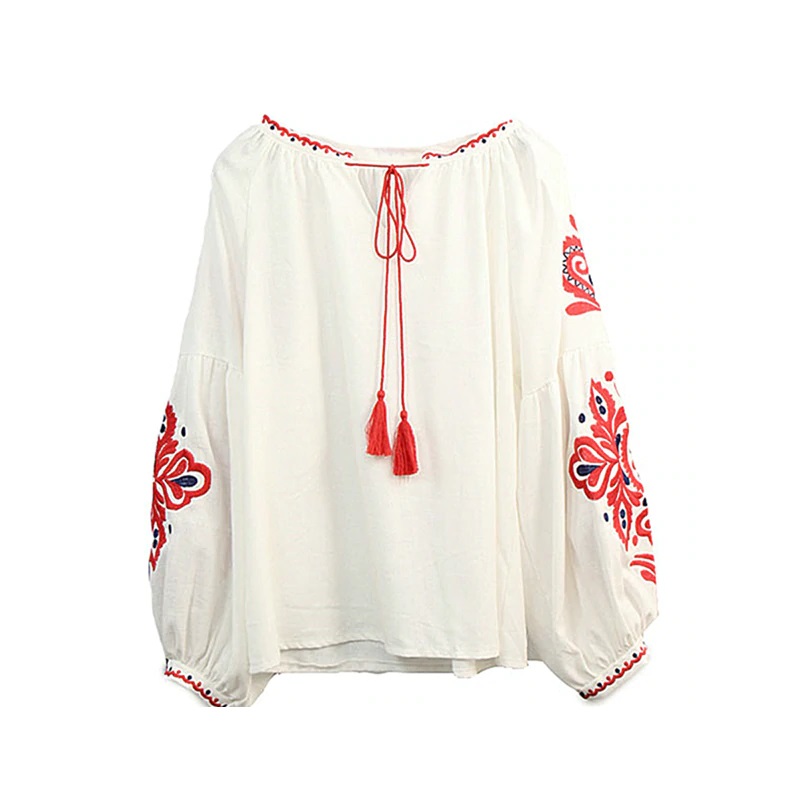 Floral Embroidery O-neck Long Sleeve Boho Shirts - TD Mercado