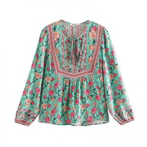 Floral Printed V-Neck Lace-Up Boho Blouse