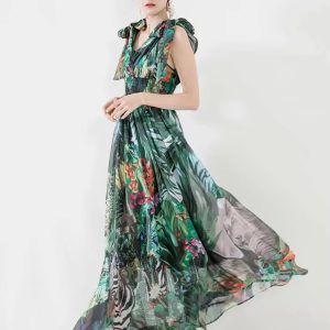 Elastic Waist Deep V-Neck Spaghetti strap Chiffon Maxi Dresses