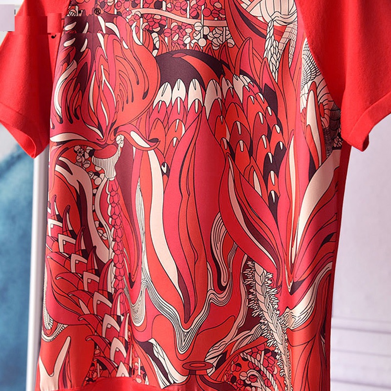 Fashion Designer Silk Print Patchwork Knitting T Shirts - Image 2