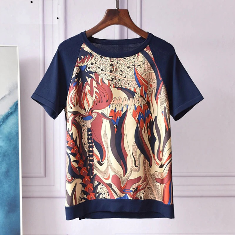 Fashion Designer Silk Print Patchwork Knitting T Shirts - Image 6