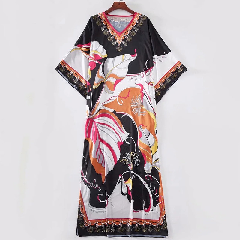 Fashion V-Neck Batwing Sleeve Print Robe Maxi Dress