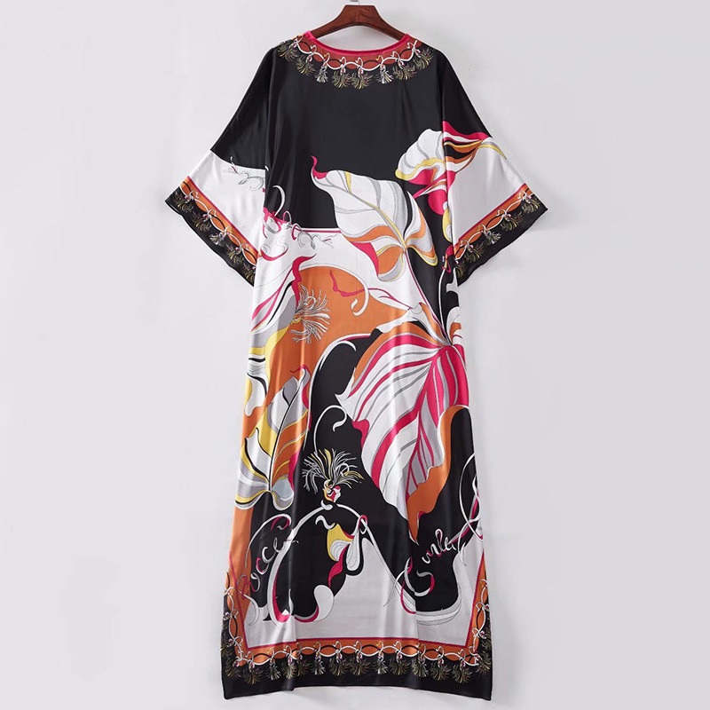 Fashion V-Neck Batwing Sleeve Print Robe Maxi Dress - Image 2