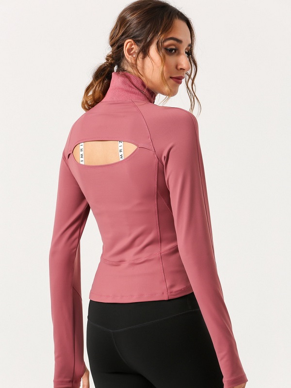 Back Hollow Out High Neck Zipper Yoga Sports T Shirt - Image 4