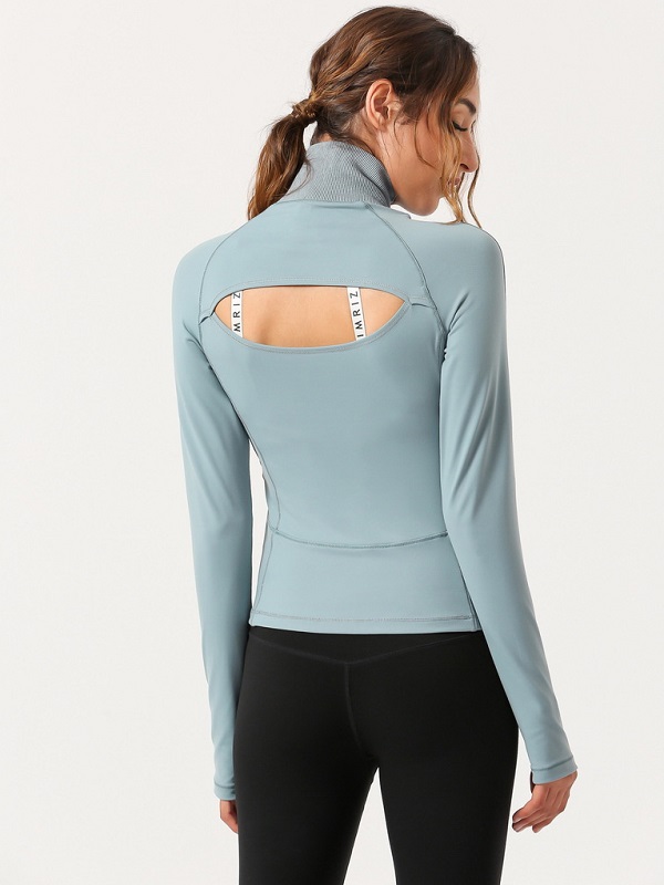 Back Hollow Out High Neck Zipper Yoga Sports T Shirt - Image 8