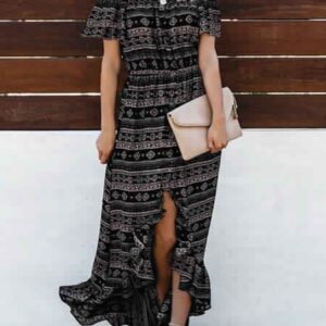 Boho Maxi Dresses Off The Shoulder Printed Chiffon High Low Dress
