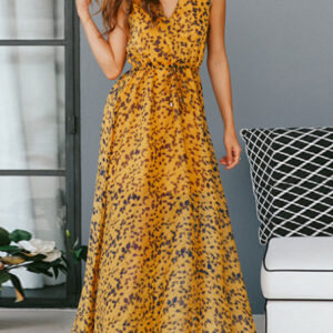 Floral Print V-Neck Bodycon Drawstring Polyester Long Maxi Dress