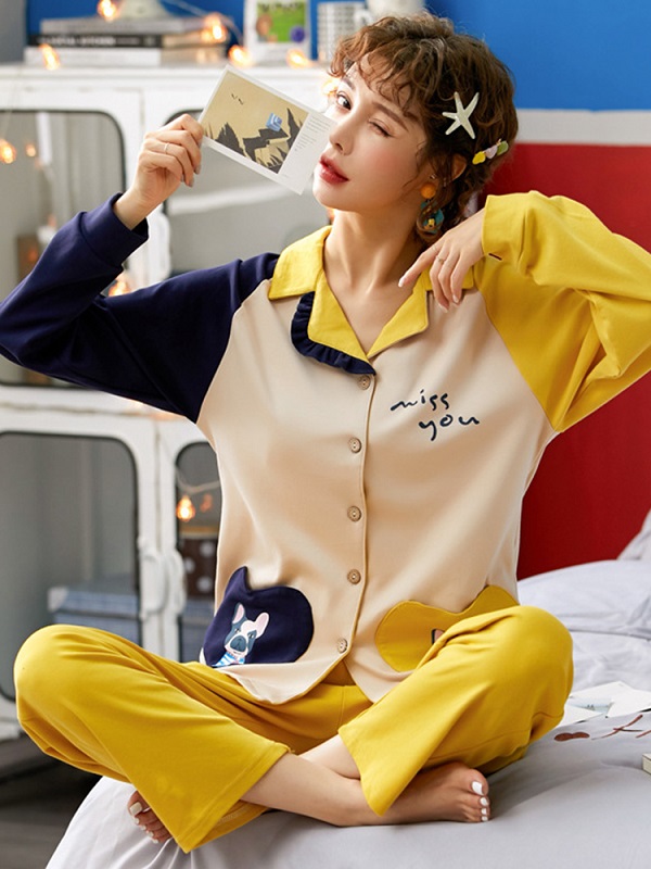 Long Sleeve Lapel Button-Down Cotton Soft Pajama Set - Image 4